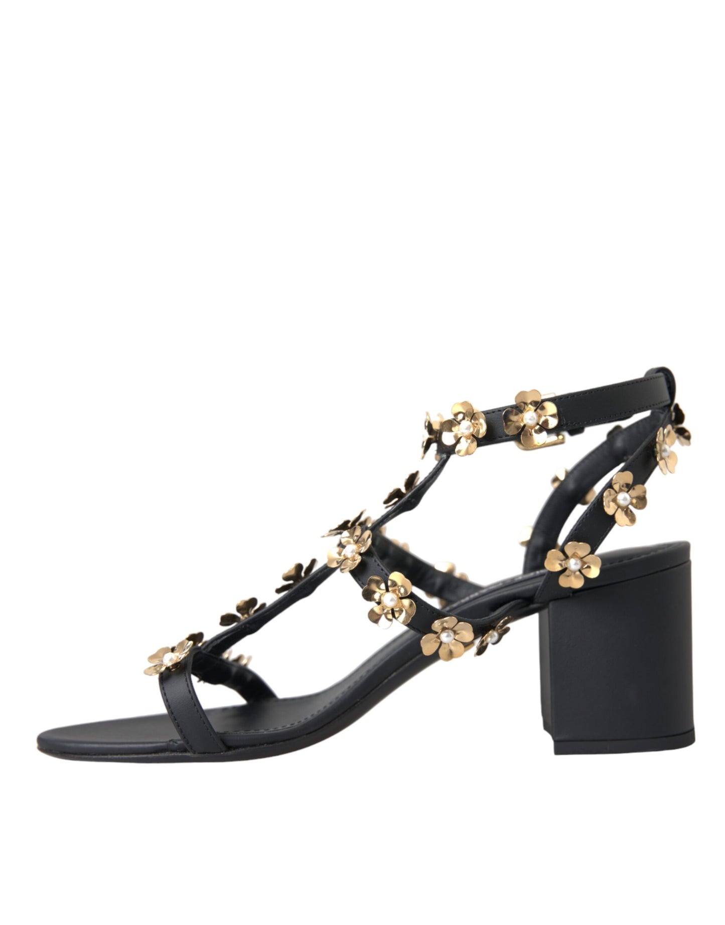 Dolce & Gabbana Black Leather Embellished Heel Sandal Shoes