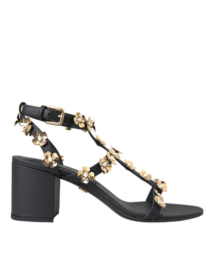 Dolce & Gabbana Black Leather Embellished Heel Sandal Shoes