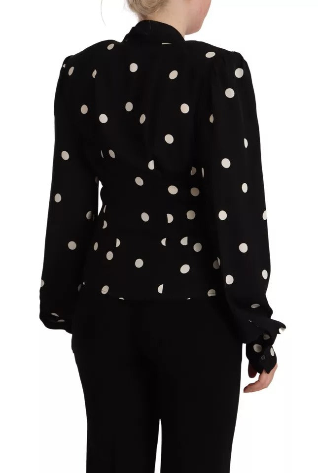 Dolce & Gabbana Black Polka Dots Silk Pussy Bow Long Sleeves Top