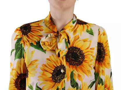 Dolce & Gabbana White Sunflower Silk Ascot Collar Blouse Top