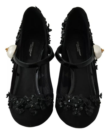 Dolce & Gabbana Black Floral Embellish Heels Mary Janes Pumps Shoes