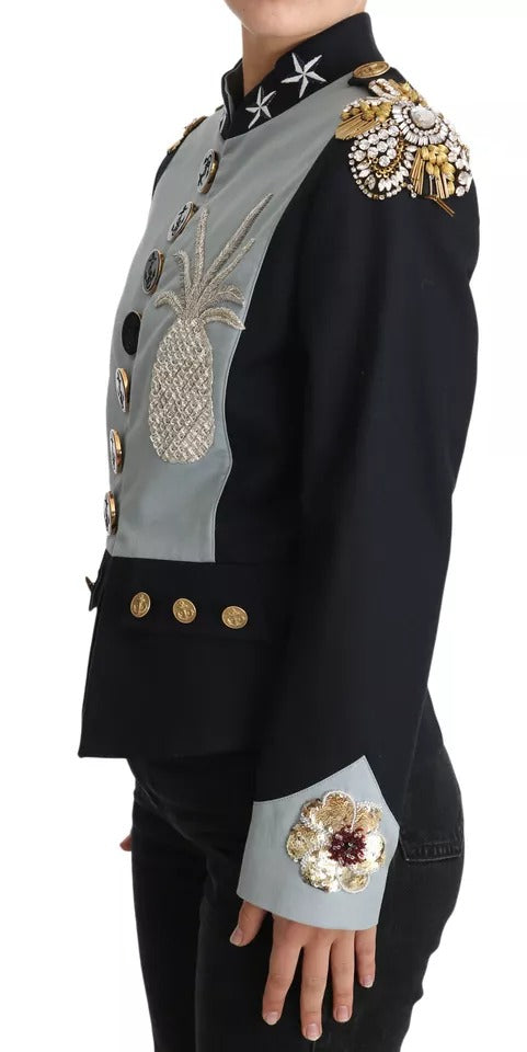 Dolce & Gabbana Blue Button Crystal Embellished Cotton Jacket