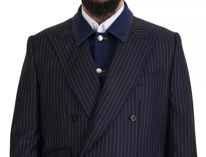 Dolce & Gabbana Blue Striped Double Breasted Denim Blazer