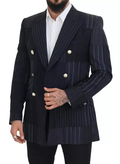 Dolce & Gabbana Blue Wool Patchwork Double Breasted Blazer