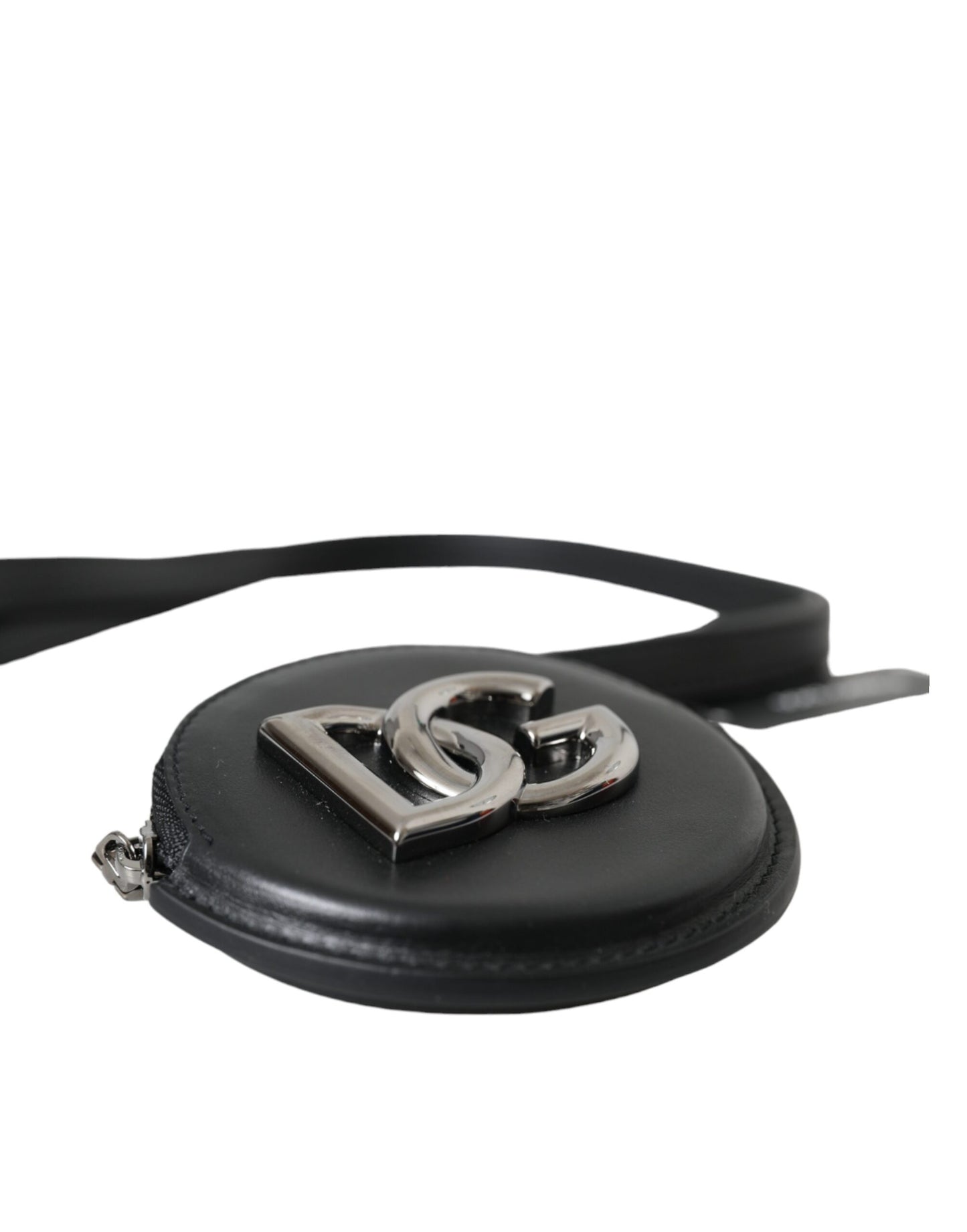 Dolce & Gabbana Black Round Leather DG Logo Coin Purse Lanyard Wallet