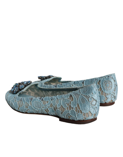 Dolce & Gabbana Blue Lace Crystal Ballet Flats Loafers Shoes