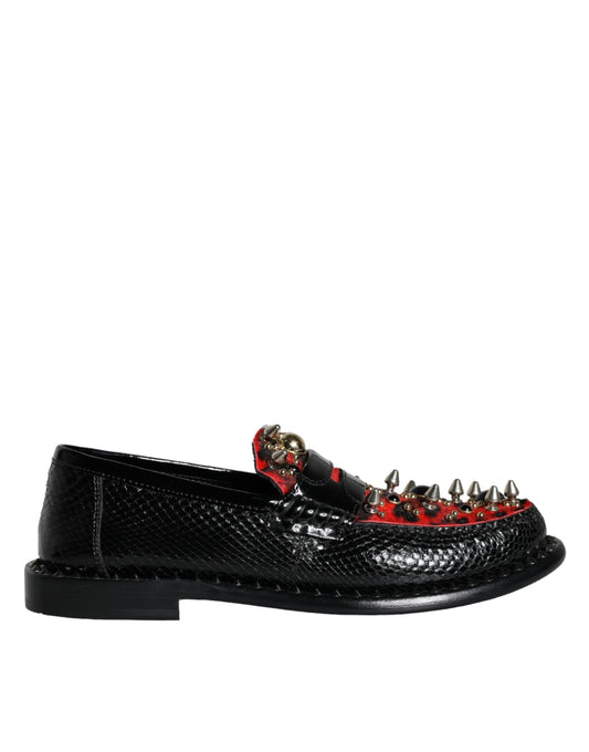 Dolce & Gabbana Black Leopard Print Studs Leather Loafers Shoes