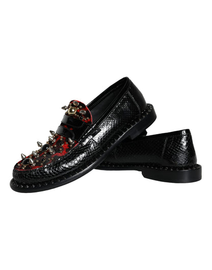 Dolce & Gabbana Black Leopard Print Studs Leather Loafers Shoes