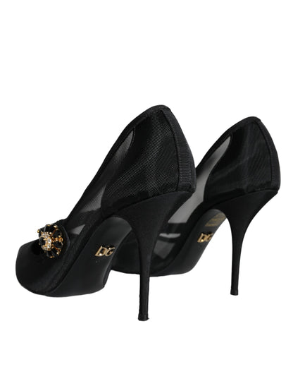 Dolce & Gabbana Black Mesh Mary Jane Crystal Heel Pumps Shoes