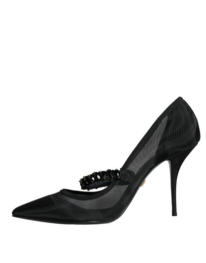 Dolce & Gabbana Black Mesh Mary Jane Crystal Heel Pumps Shoes