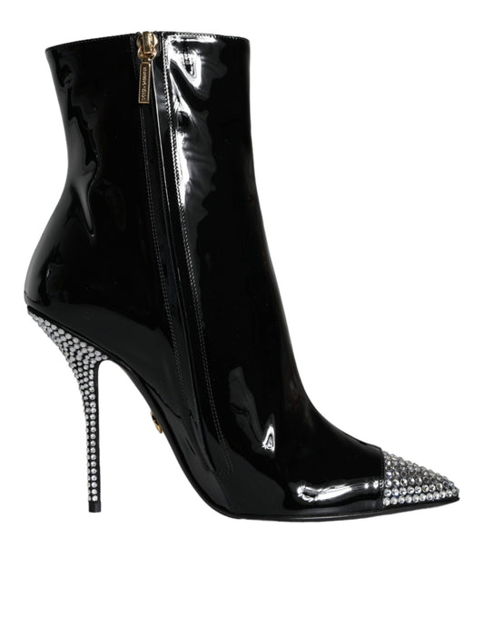 Dolce & Gabbana Black Patent Leather Crystal Heel Boots Shoes