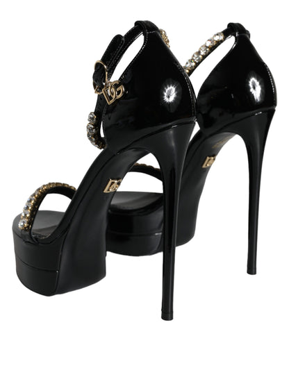 Dolce & Gabbana Black Keira Leather Crystals Sandals Heels Shoes