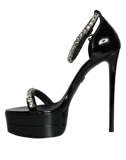 Dolce & Gabbana Black Keira Leather Crystals Sandals Heels Shoes