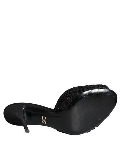 Dolce & Gabbana Black Keira Cordonetto Heels Slides Shoes