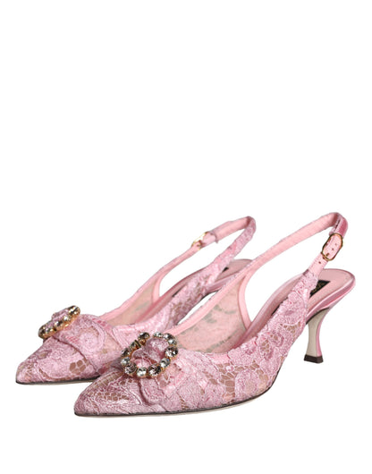 Dolce & Gabbana Pink Taormina Lace Crystal Heel Slingbacks Shoes