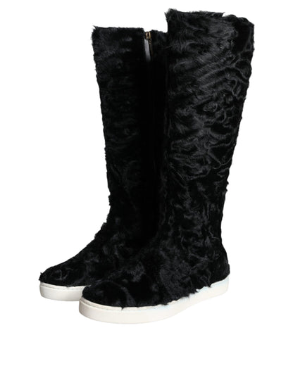 Dolce & Gabbana Black Xiangao Lamb Fur Leather Boots Shoes