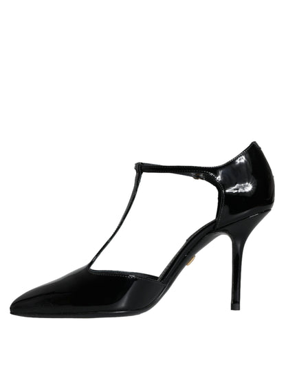 Dolce & Gabbana Black Leather T-strap Stiletto High Heels Shoes