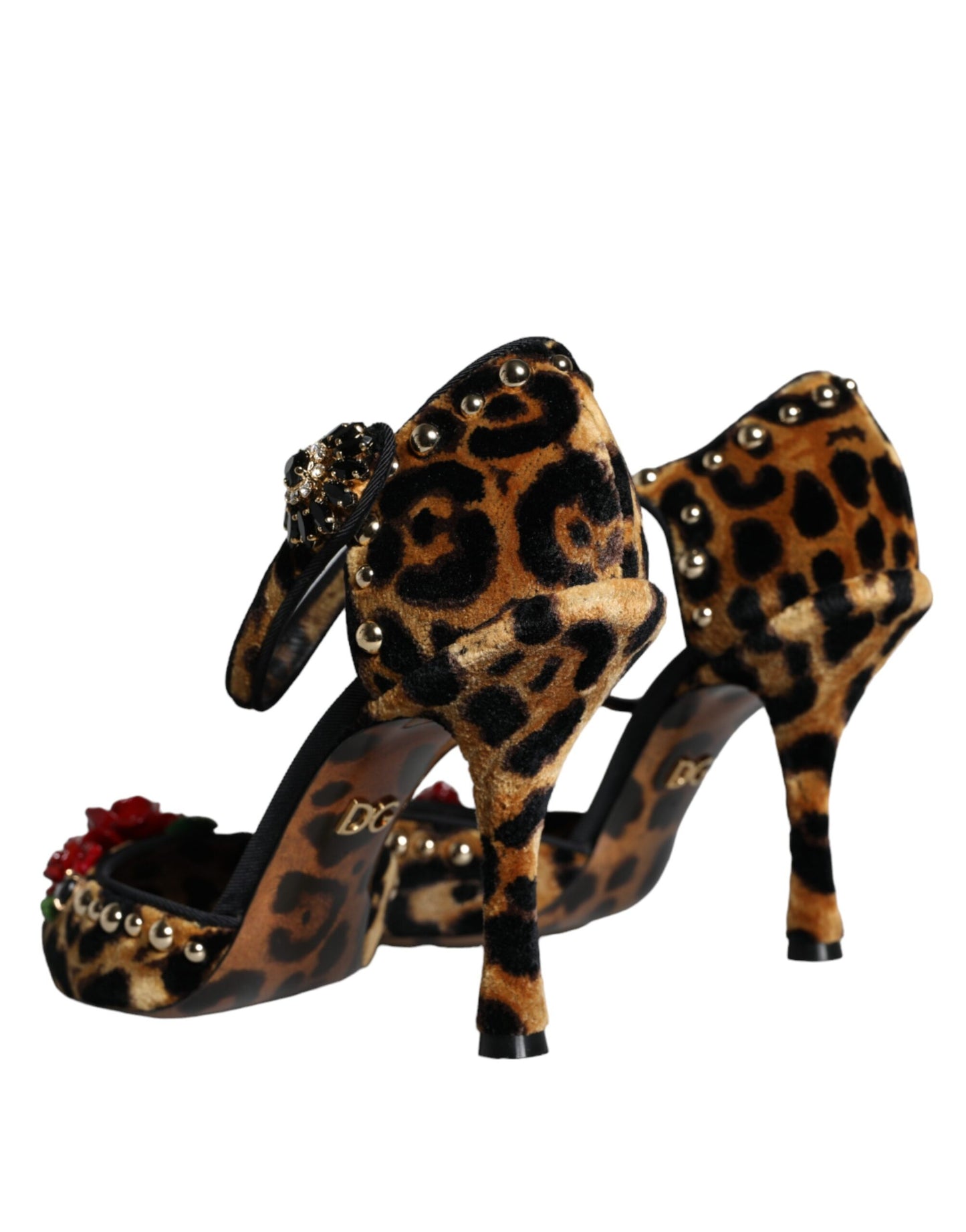 Dolce & Gabbana Brown Leopard Floral Crystal Ankle Strap Pumps Shoes