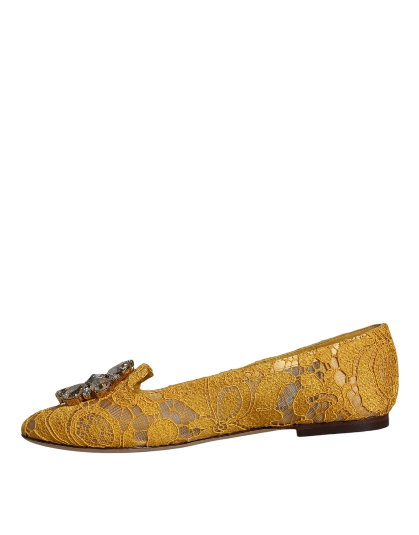 Dolce & Gabbana Mustard Lace Crystal Ballet Flats Loafer Shoes