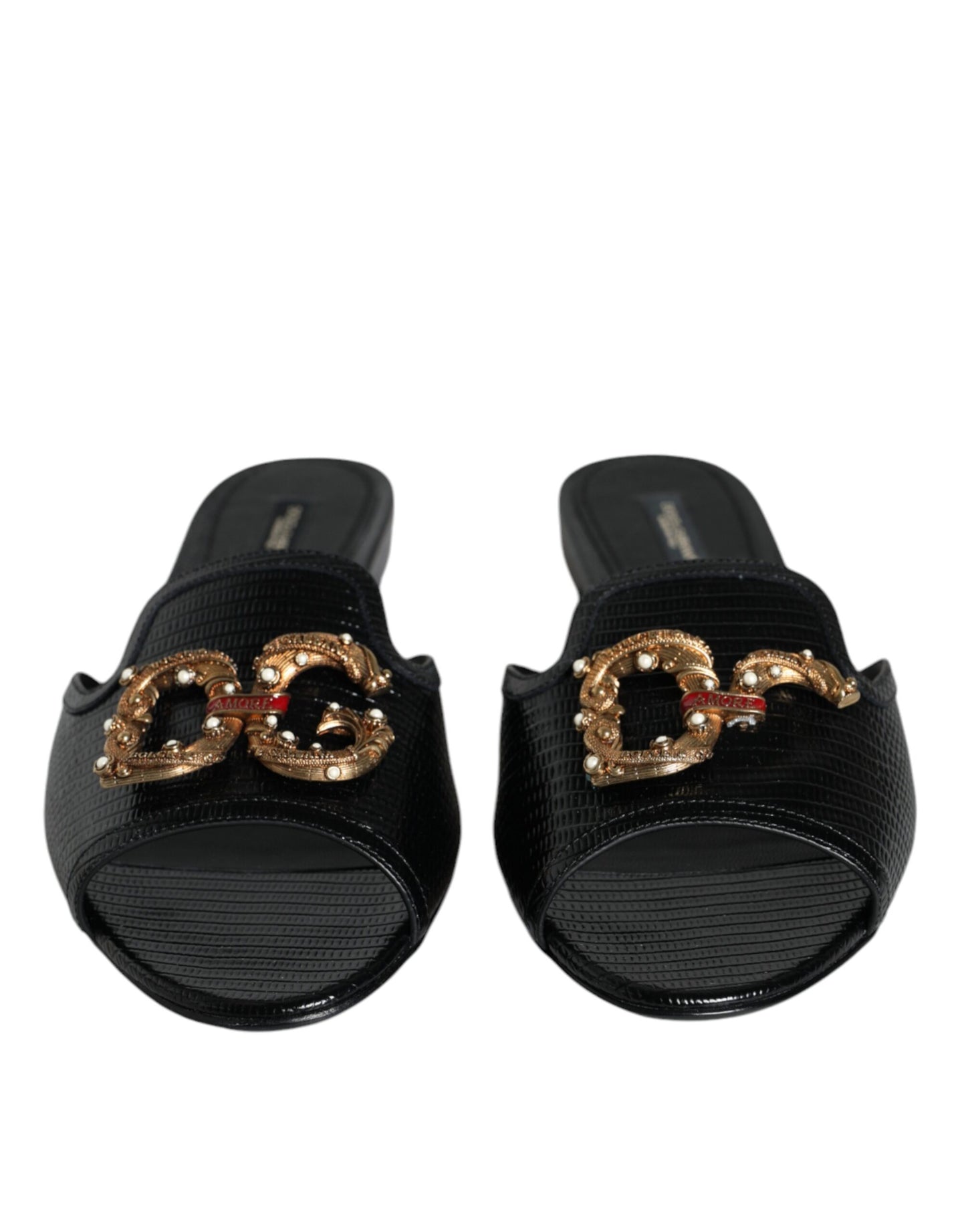 Dolce & Gabbana Black DG Amore Leather Slip On Flats Shoes