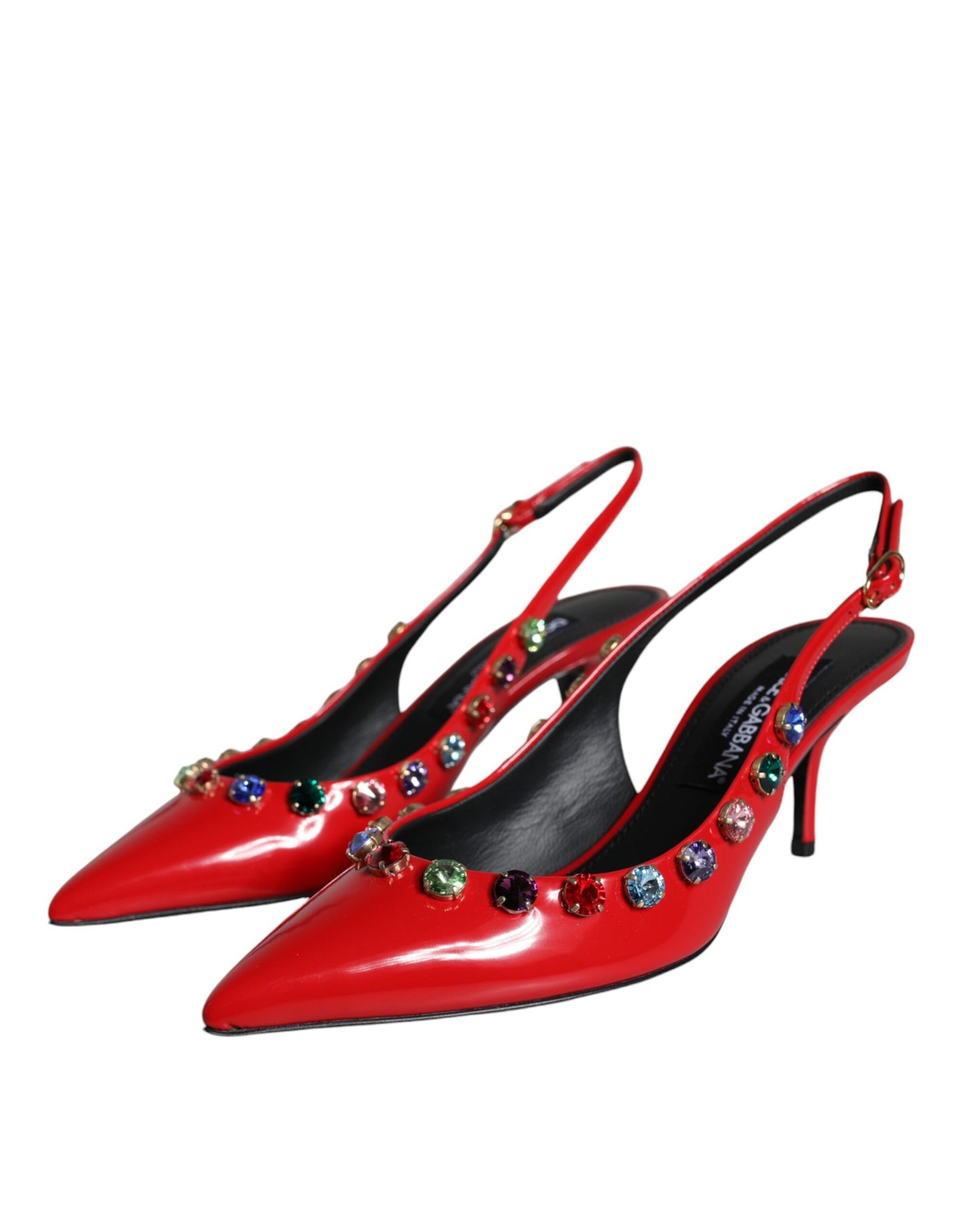 Dolce & Gabbana Red Leather Crystal Heels Slingback Shoes