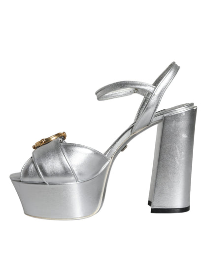 Dolce & Gabbana Silver Leather Platform Logo Keira Sandals Shoes