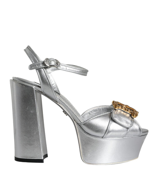 Dolce & Gabbana Silver Leather Platform Logo Keira Sandals Shoes