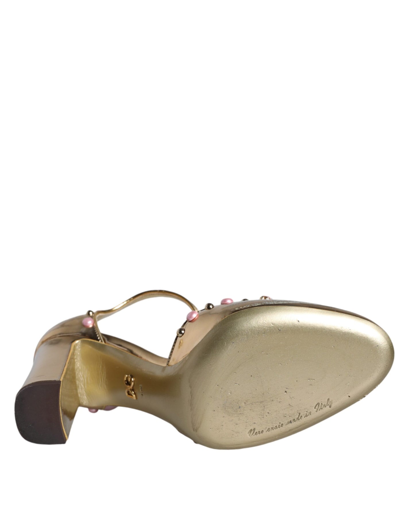 Dolce & Gabbana Gold Embellished Leather T-strap Heels Shoes