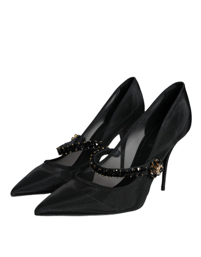 Dolce & Gabbana Black Mesh Mary Jane Crystal Heel Pumps Shoes