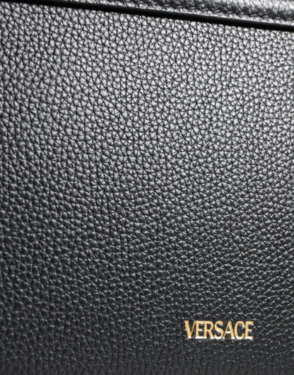 Versace Black Grainy Calf Leather Logo Crossbody Shoulder Bag