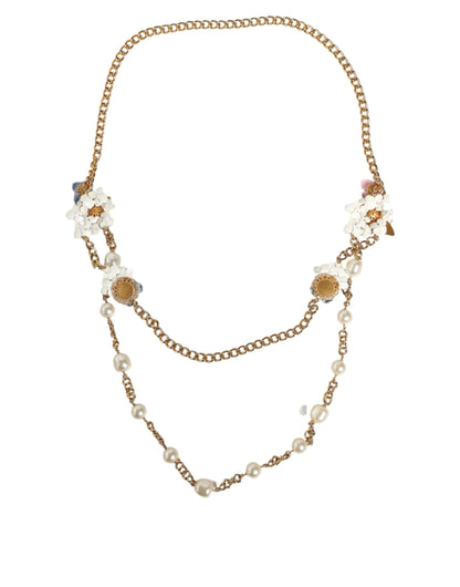 Dolce & Gabbana Gold Chain Brass Floral Layered Crystal Pearl Necklace