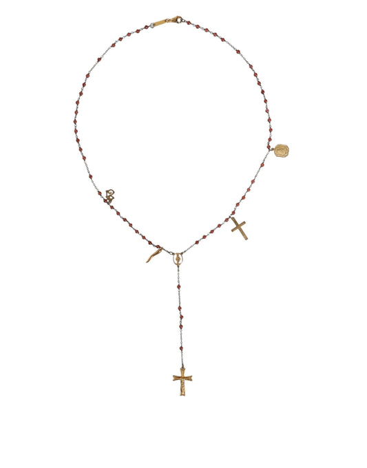 Dolce & Gabbana Gold Chain Brass Beaded Rosary Cross Pendant Necklace