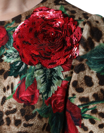 Dolce & Gabbana Brown Leopard Red Roses Cotton A-line Dress