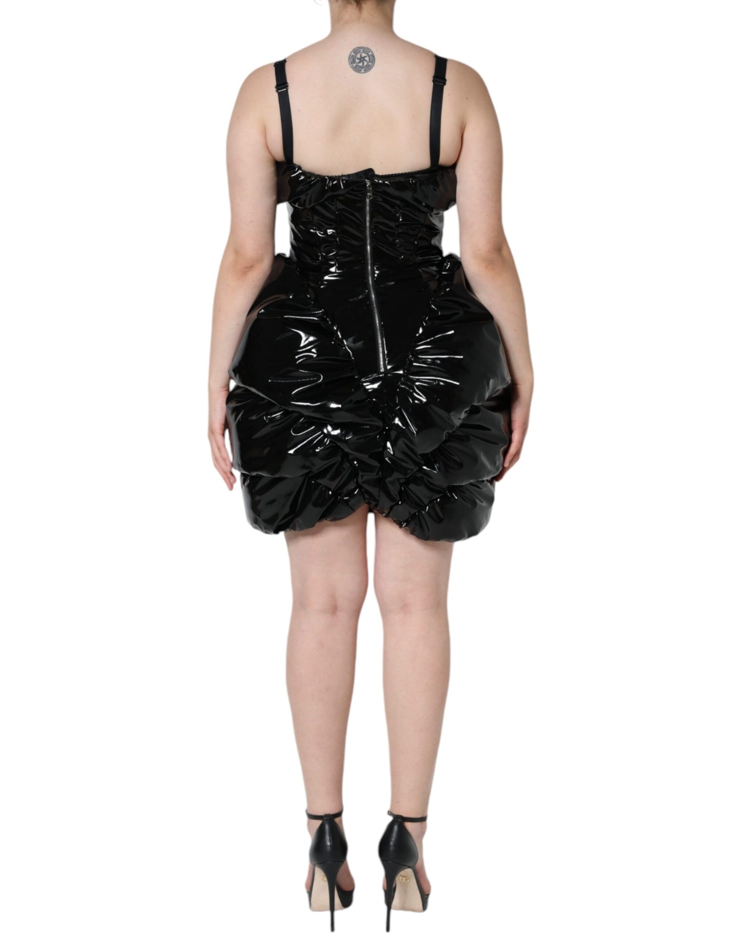 Dolce & Gabbana Black Polyester Ruched Coated Mini Dress