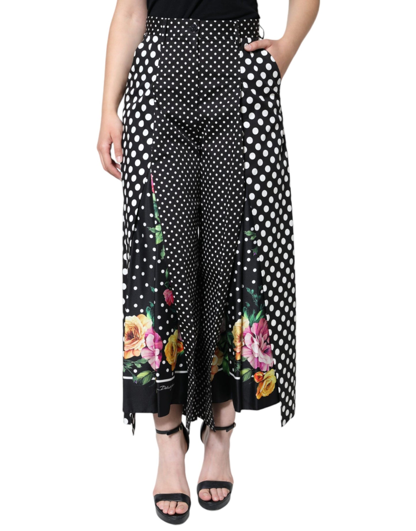 Dolce & Gabbana Black Patchwork High Waist Wide Leg Pants