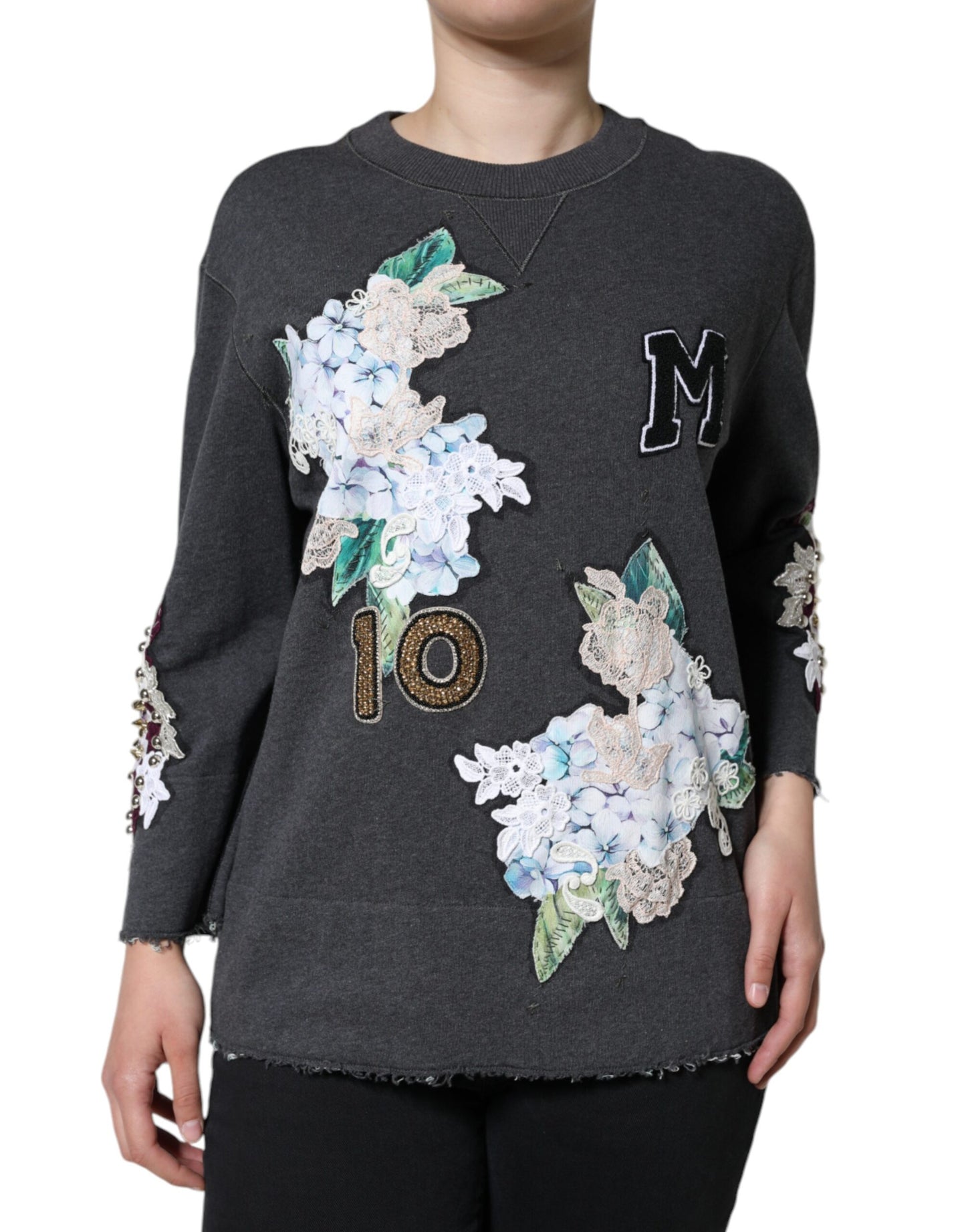 Dolce & Gabbana Gray Hydrangea CollegeStudded Floral Sweater