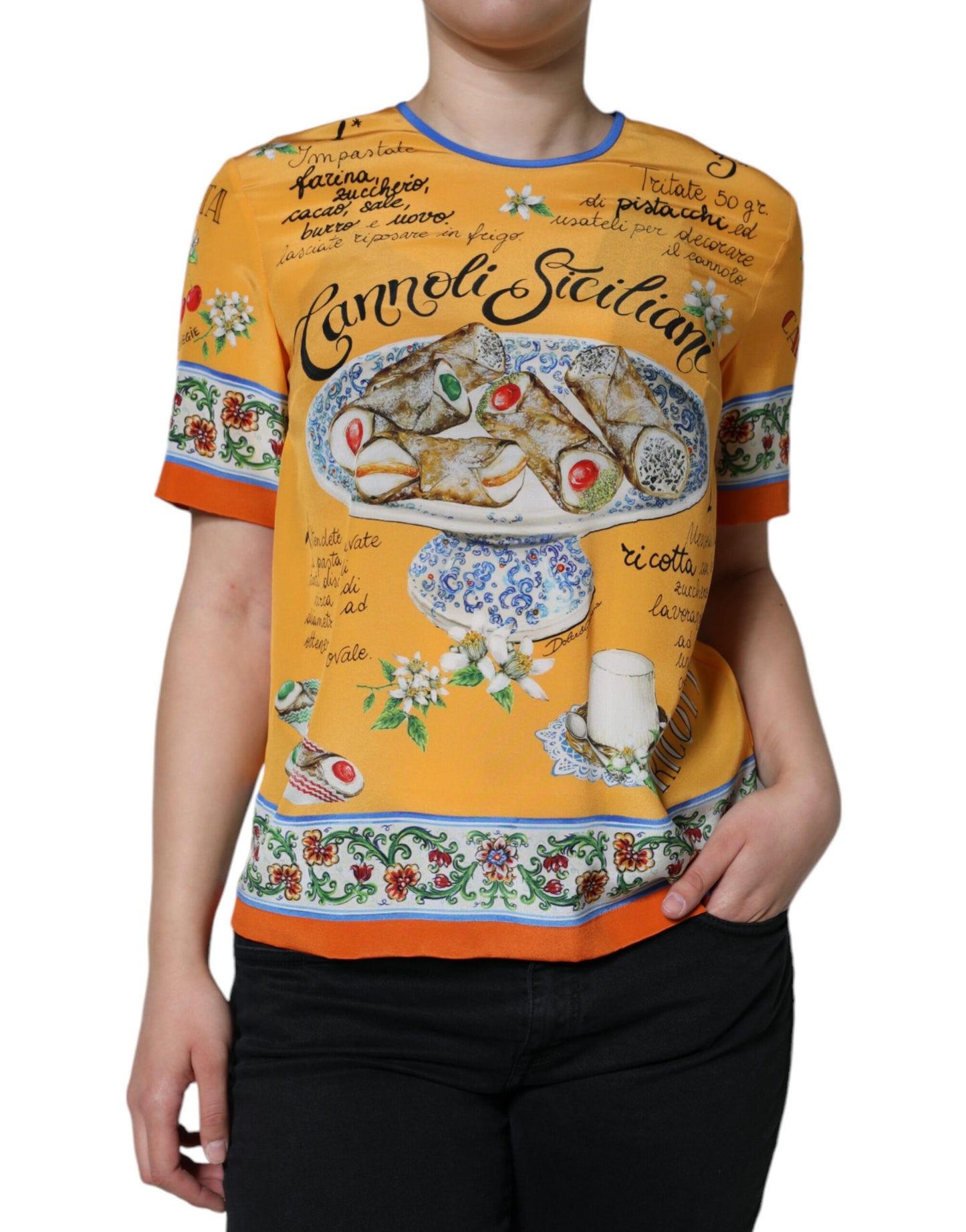 Dolce & Gabbana Orange Silk Cannoli Siciliana Print Short Sleeves Top