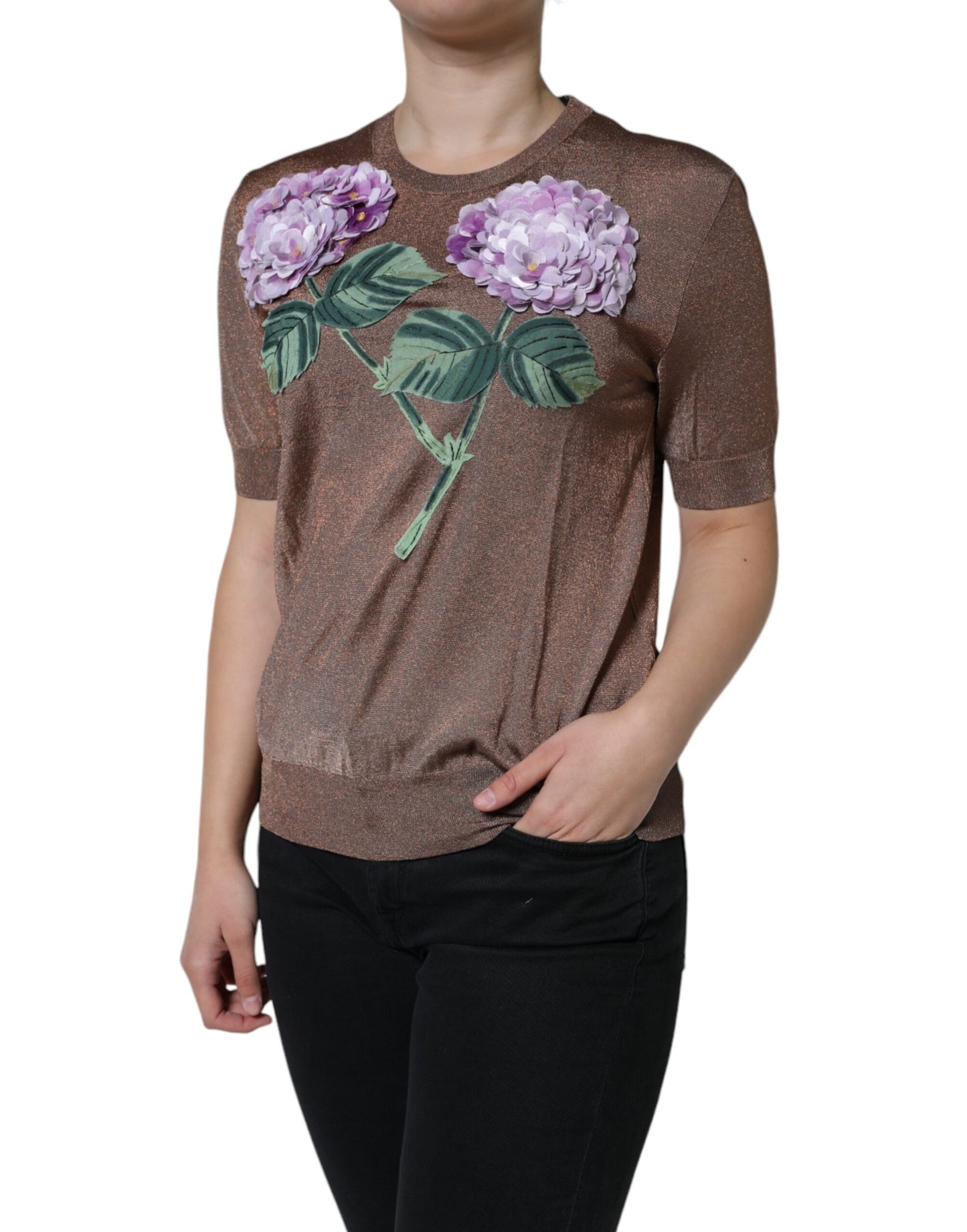 Dolce & Gabbana Brown Floral Applique Viscose Short Sleeve Top