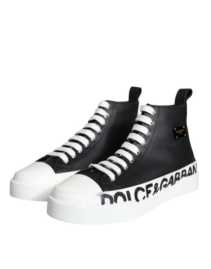 Dolce & Gabbana Black White Leather Mid Top Sneakers Shoes