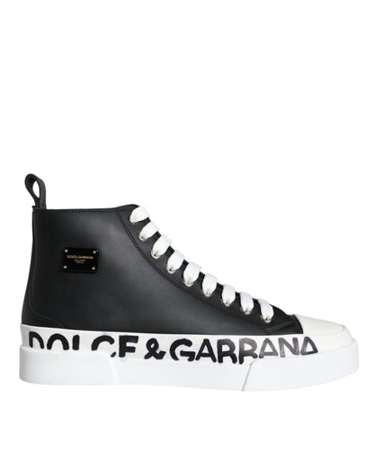 Dolce & Gabbana Black White Leather Mid Top Sneakers Shoes