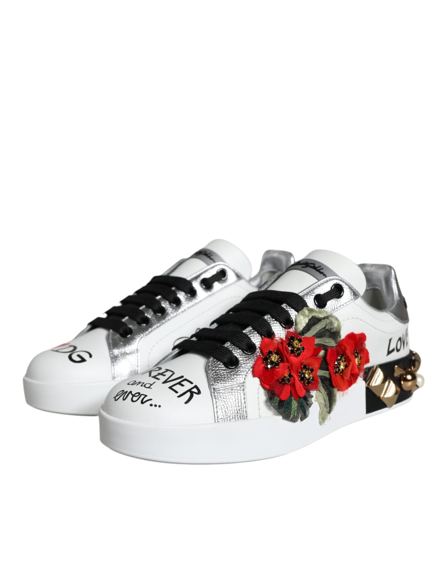 Dolce & Gabbana White Leather Floral Studded Sneakers Shoes