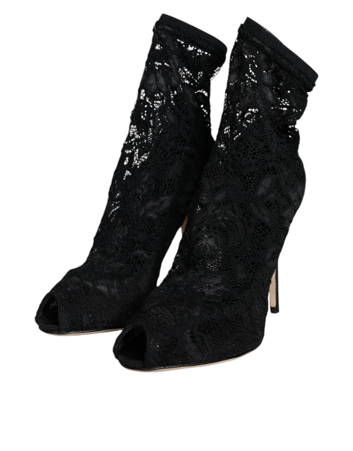 Dolce & Gabbana Black Lace Stretch Heels Mid Calf Boot Shoes