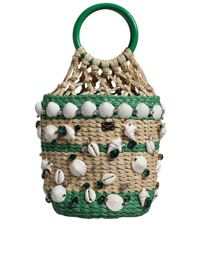 Dolce & Gabbana Beige Green Rafia Seashells Crystal Bucket Bag