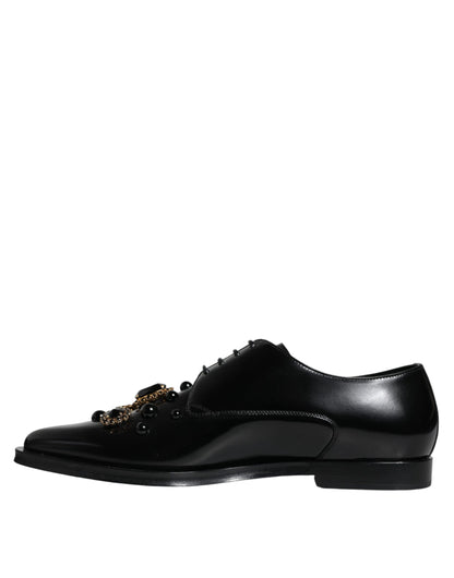 Dolce & Gabbana Black Leather Crystal Lace Up Formal Shoes