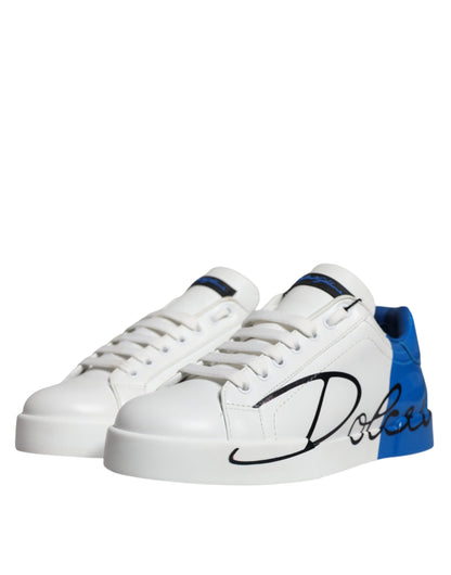 Dolce & Gabbana White Blue Leather Logo Low Top Sneakers Shoes