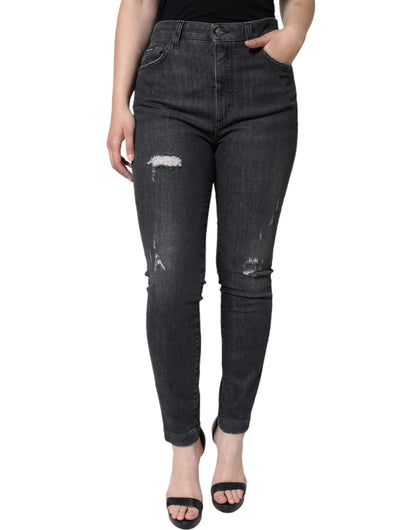 Dolce & Gabbana Black Cotton Stretch Tattered Skinny Jeans