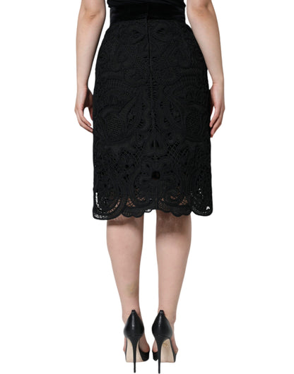 Dolce & Gabbana Black Floral Lace High Waist Pencil Cut Skirt