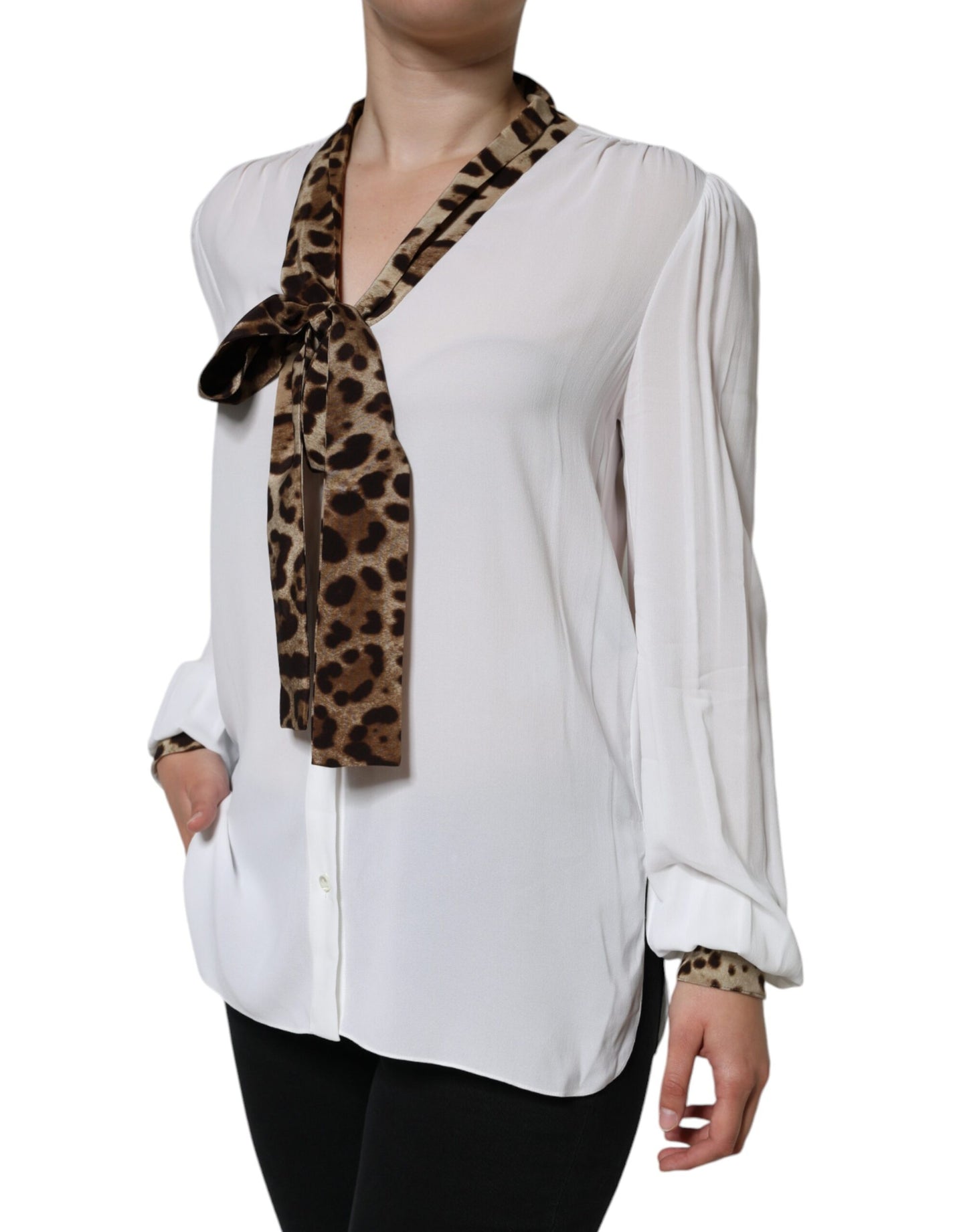 Dolce & Gabbana White Ascot Collar Long Sleeve Top Blouse