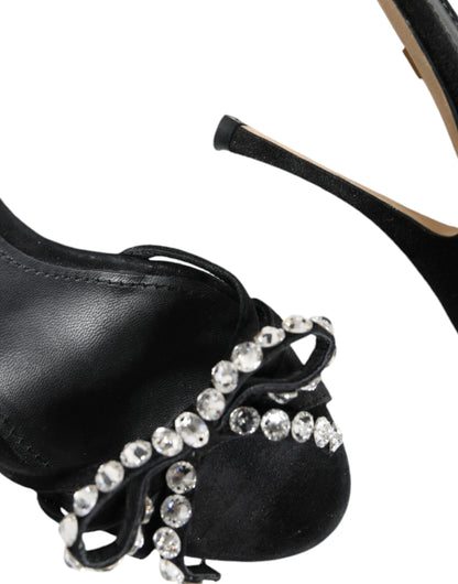 Dolce & Gabbana Black Leather Crystal Bow Heels Sandals Shoes