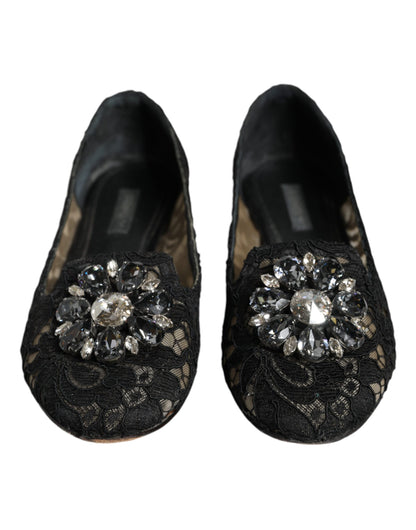 Dolce & Gabbana Black Lace Crystal Ballet Flats Loafer Shoes